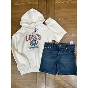 Levi's Girls Fleece Hoodie Sweatshirt & Denim Shorts Set‎ Outfit XS S